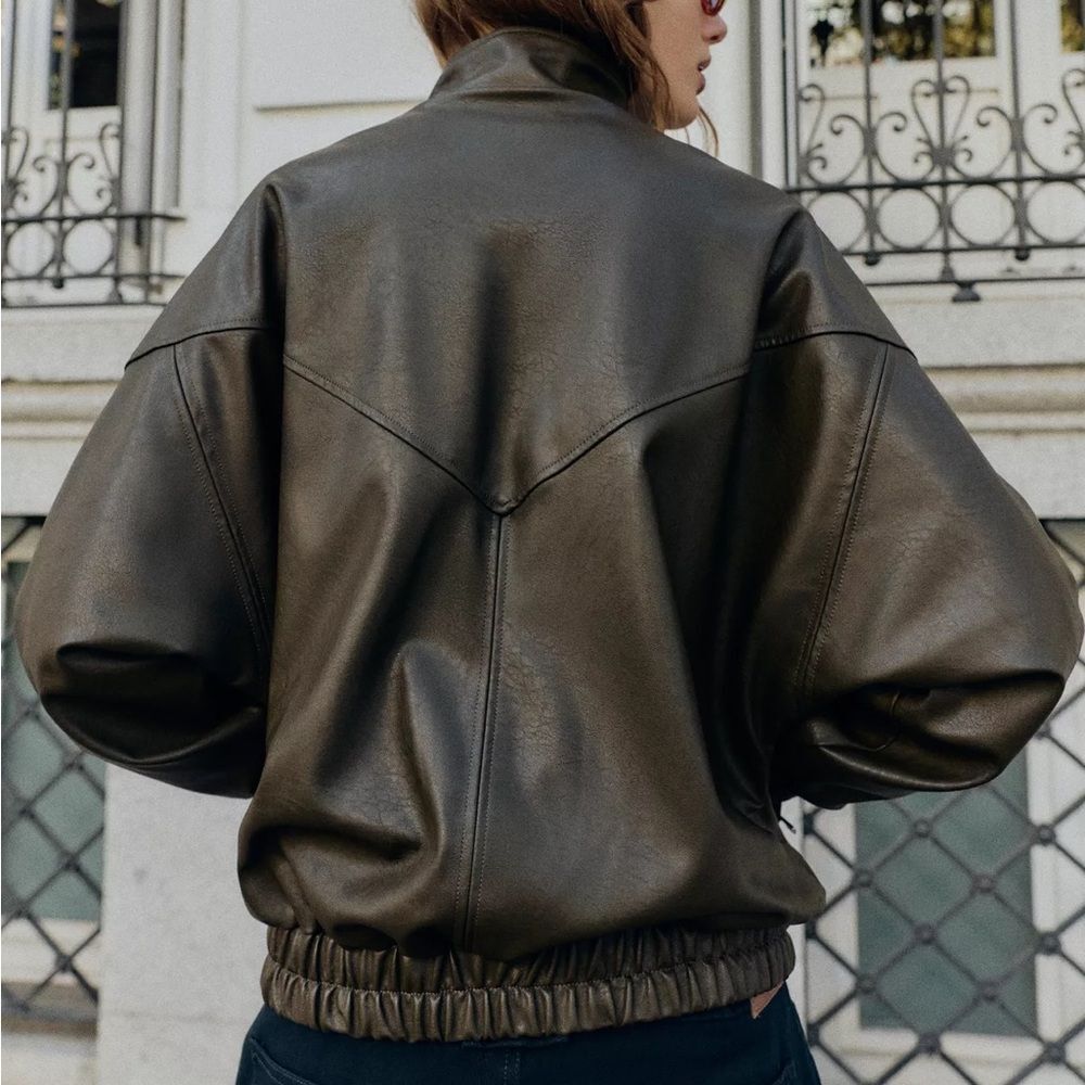 ZARA FAUX LEATHER HIGH COLLAR BOMBER JACKET - Picture 6 of 14